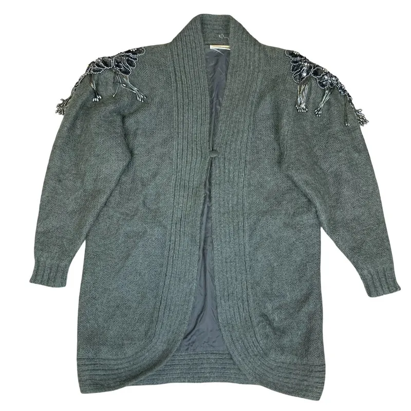 Vtg 80s 'Kamo' Grey Beaded Epaulet Flower Open-Style Oversized Cardigan UK 14/16