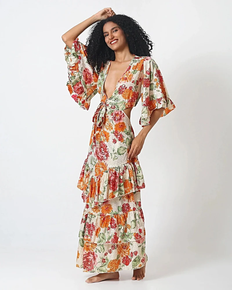 Cabo Elegant Tiered Floral Dress With Tie Front And Cutout Back, 100% Viscose