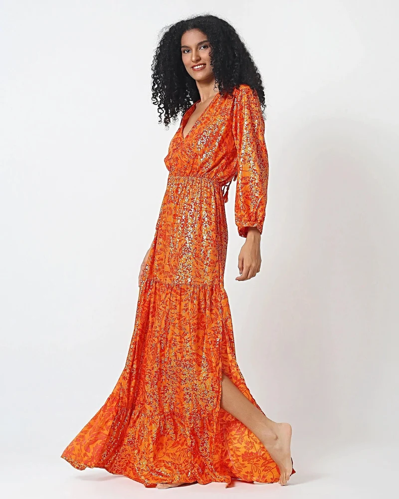 Morocco Open Back Maxi Dress - Orange & Red Long Sleeve Ornate Tassel Viscose Gown