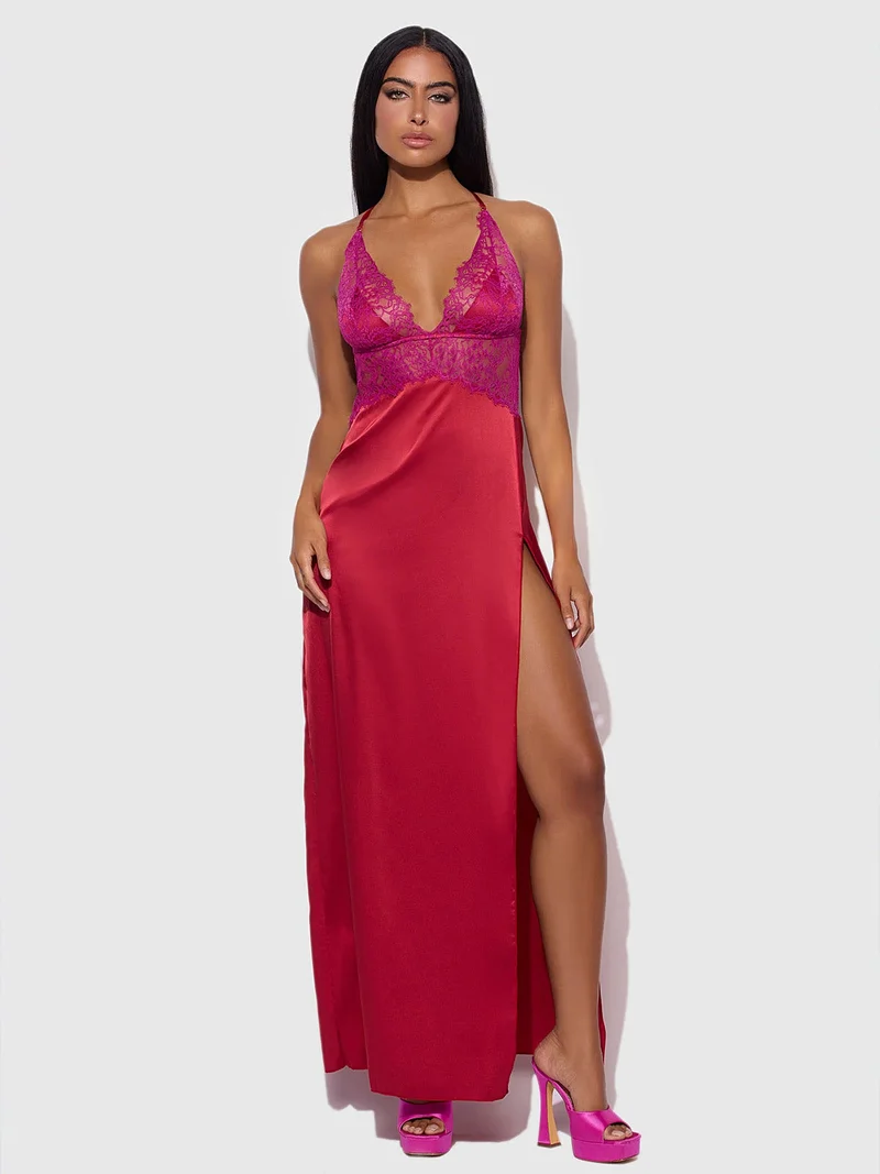 Jocelyn Satin Lace Lingerie Gown With Thigh-High Slit, Open Back & Cross-Back Straps