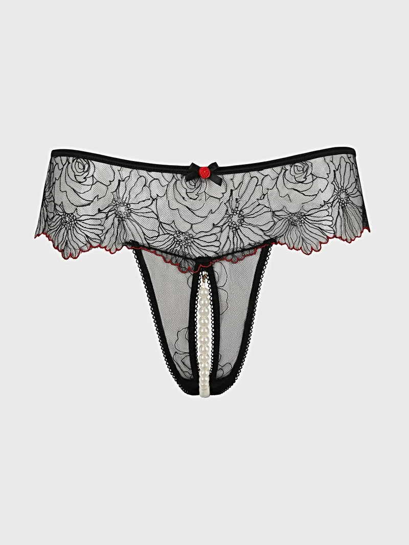 Ilena Broderad Tyll & Pärla Grenlös Thong Med Avtagbart Pärlband