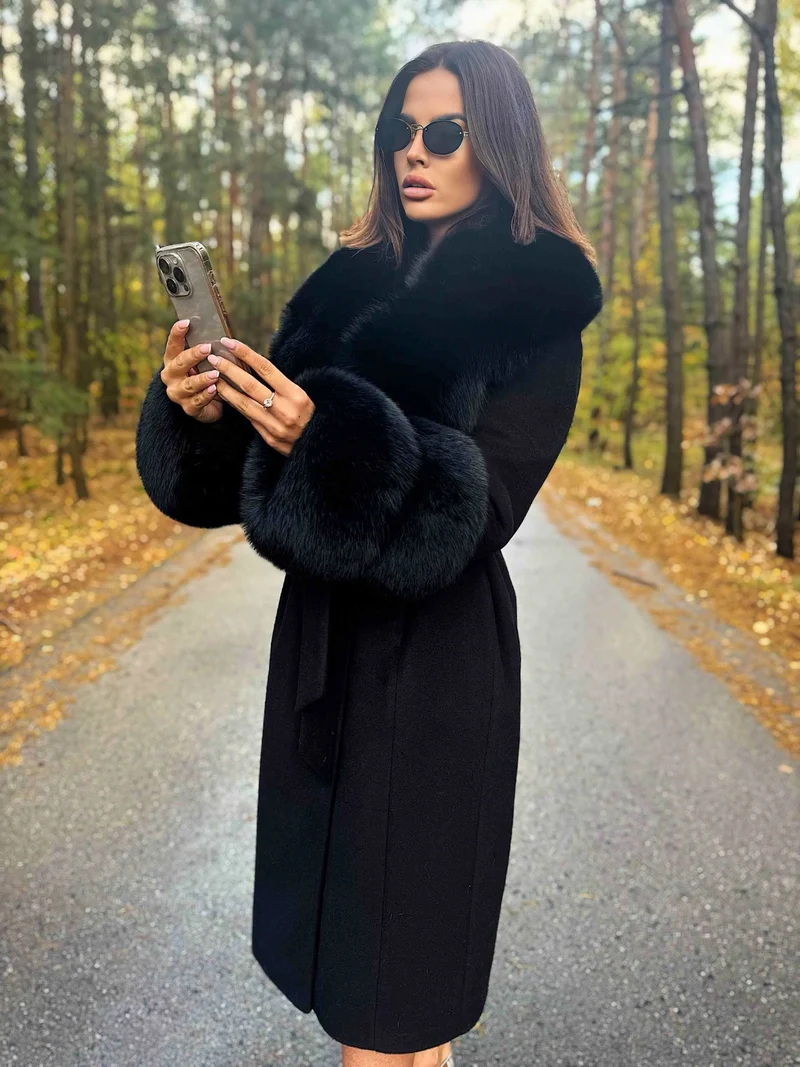 Haifa Fox Fur Cashmere Coat in black