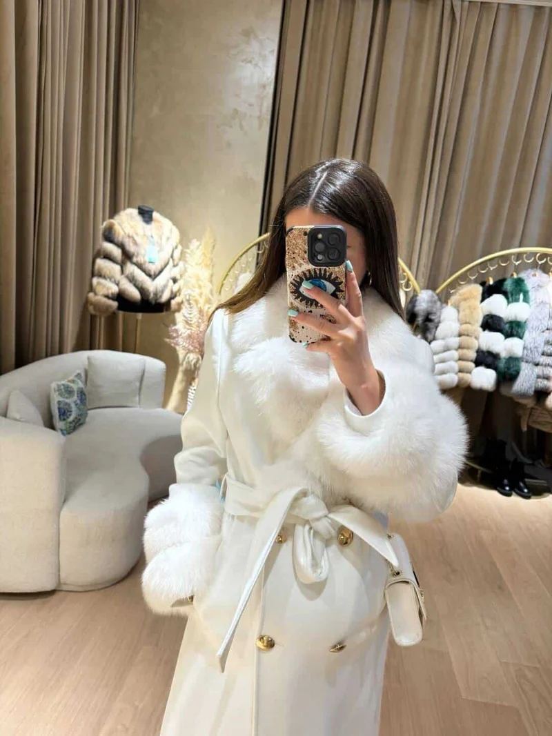 Real Fox Fur Cashmere Coat in white