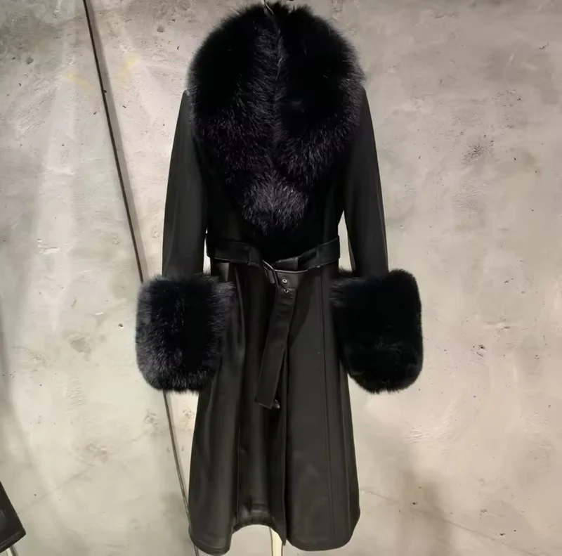 Real Fox Fur and Genuine Leather Coat in black