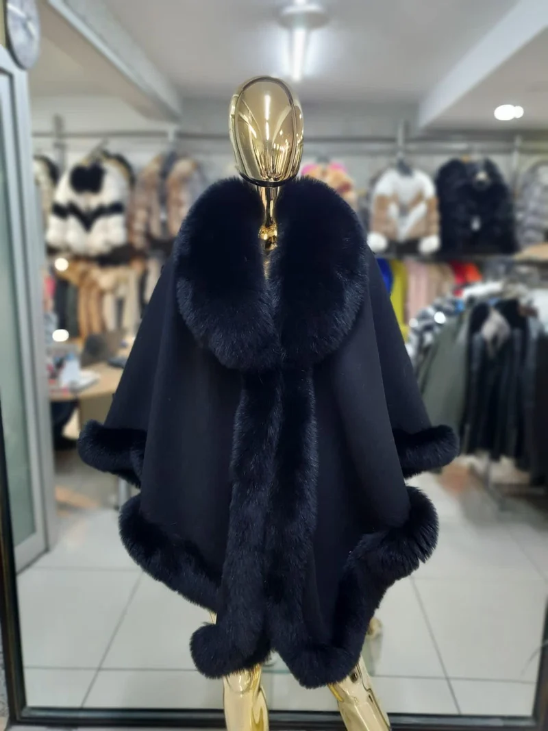 Fox Fur Cashmere Poncho in black