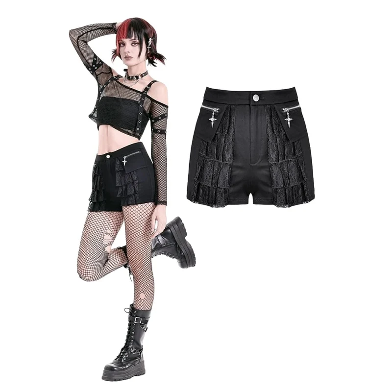 Damshorts med punkmönster och volang i spets och dragkedja