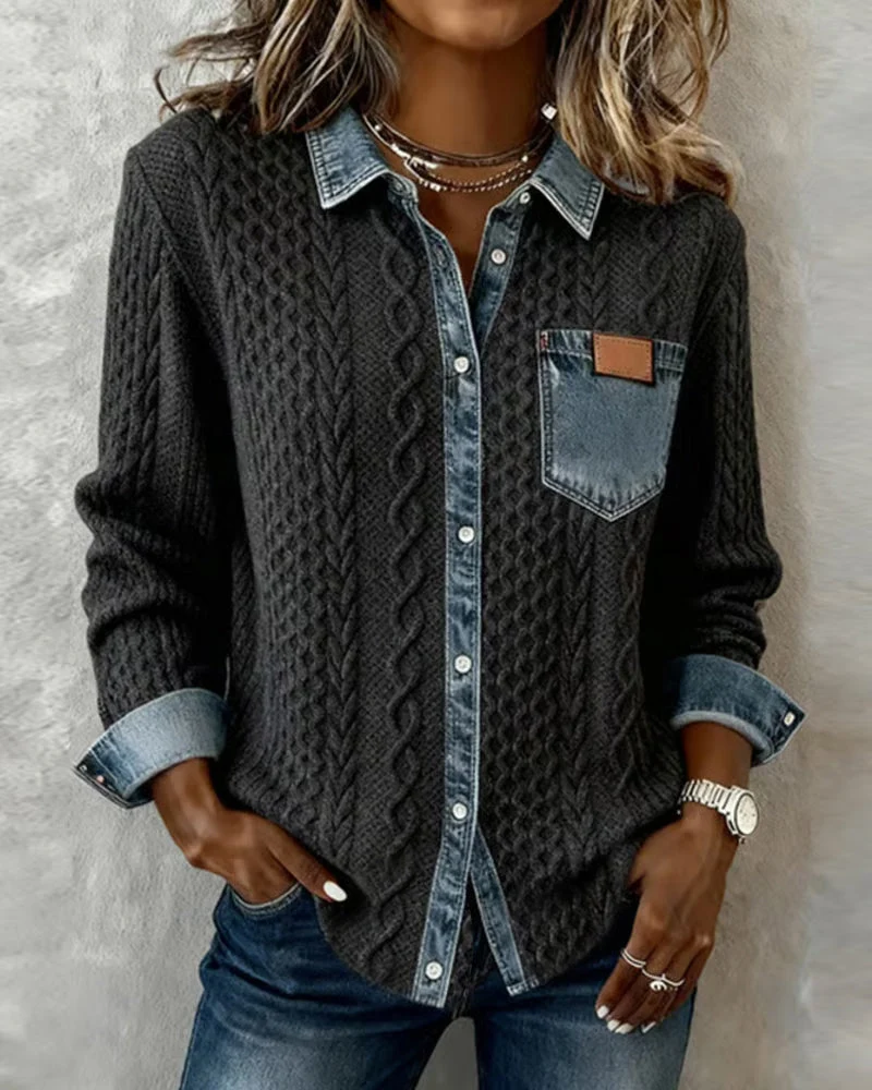 Långärmad skjorta med denim-lapptäcke