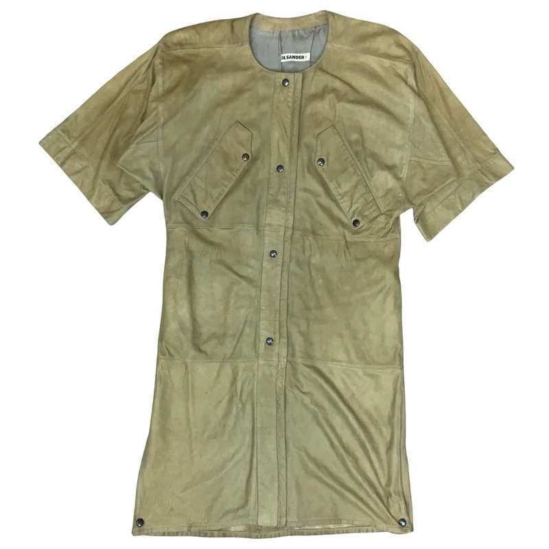 Vtg 'Jil Sander' Beige Suede Snap Button 3/4 Batwing Sleeve Dress M UK 12