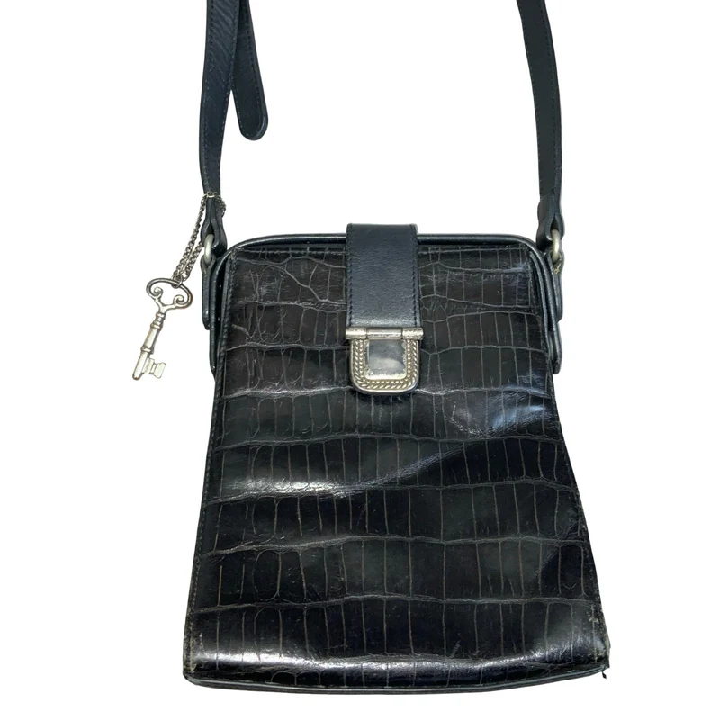 Vtg 'Fossil' Black Genuine Leather Croc Embossed Adjustable Shoulder Handbag