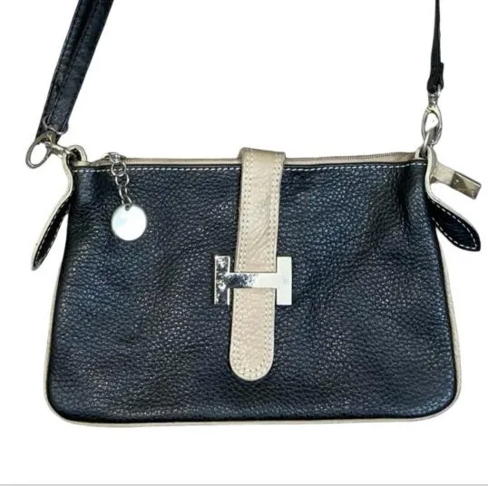 Vtg Black Beige Two Tone Textured Clutch Crossbody Shoulder Leather Handbag