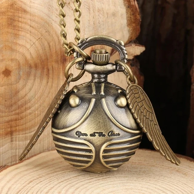Retro Snitch Ball Shaped Potter Quartz Pocket Watch Fashion Sweater Angel Wings Necklace Chain Gifts for kids Anime Accessories