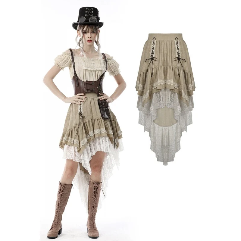 Steampunk Gothic Layered Dovetail kjol dam, viktoriansk volanger piratkjol