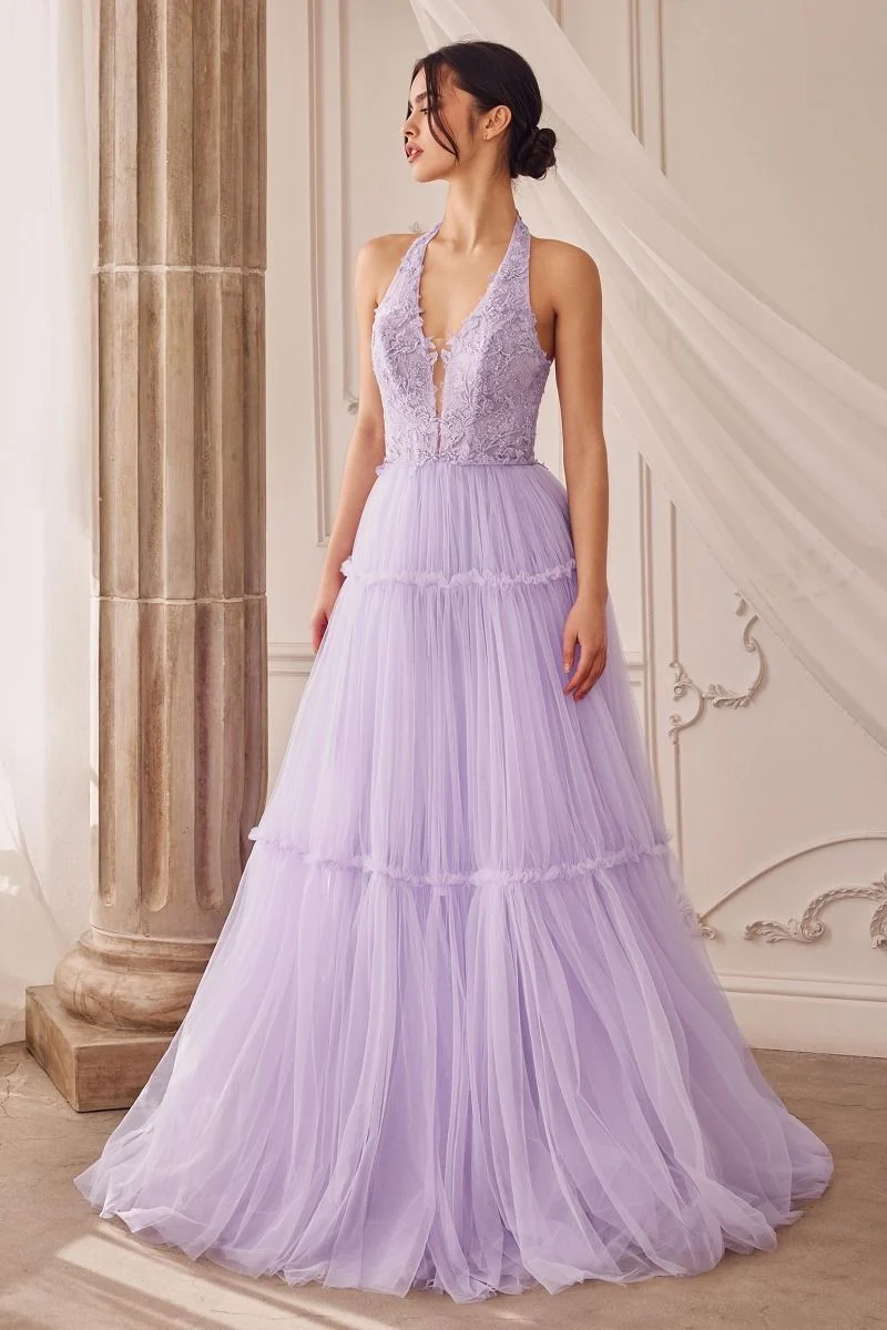 Blommig spets Tyll Halter Halsringning A-line klänning Andrea & Leo Couture - A1206