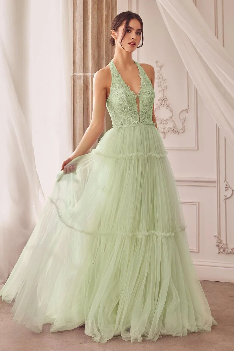 Blommig spets Tyll Halter Halsringning A-line klänning Andrea & Leo Couture - A1206