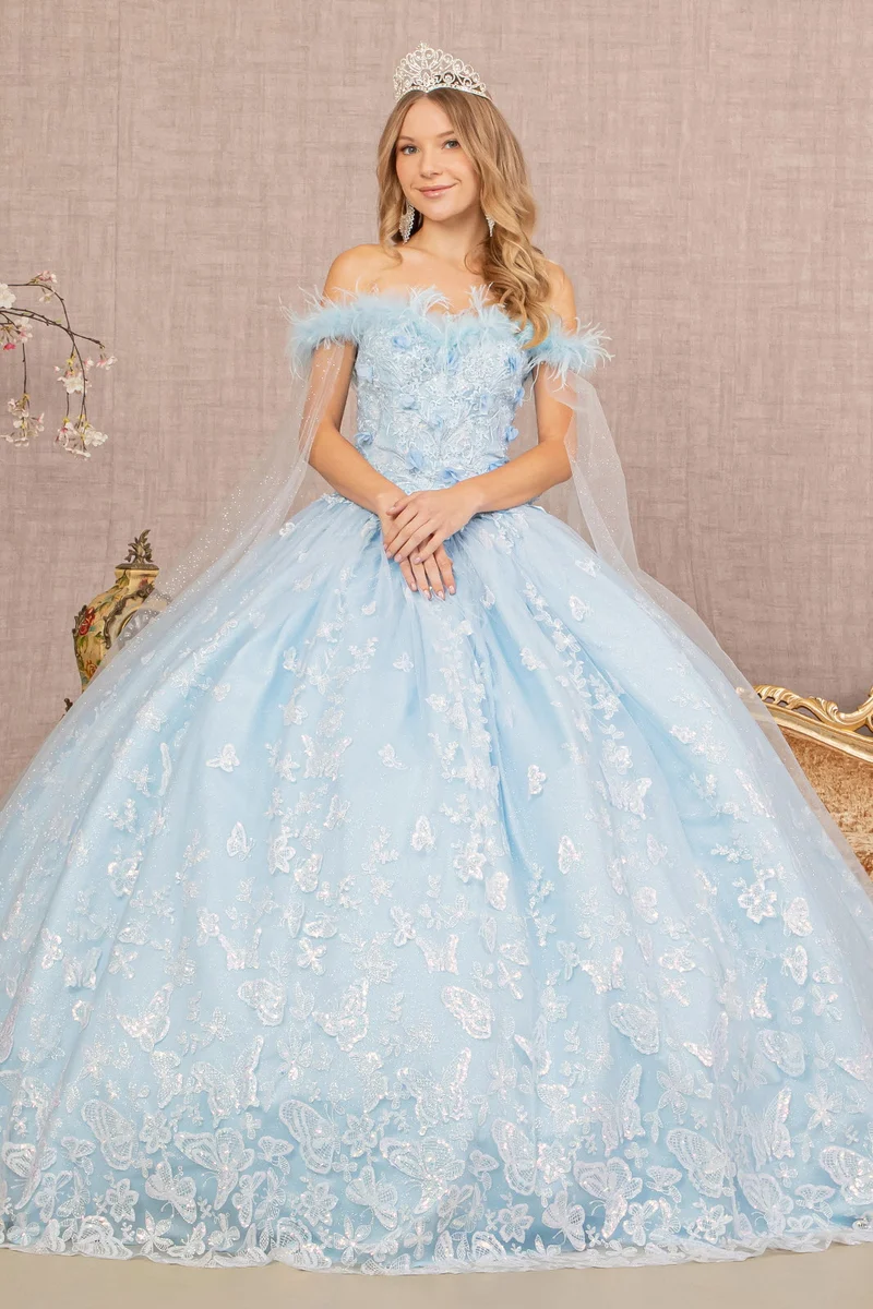 Off the Shoulder Feather 3-D Flower Quinceanera Klänning med avtagbart sidonätlager av Elizabeth K - GL3166