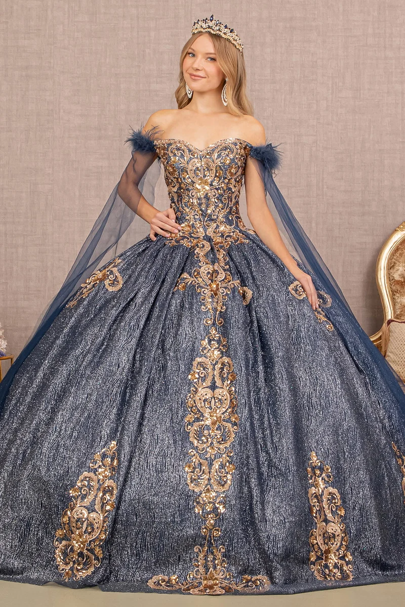 Off the Shoulder Feather Paljett Sweetheart Neckline Quinceanera Klänning med avtagbart sidonätlager av Elizabeth K - GL3107