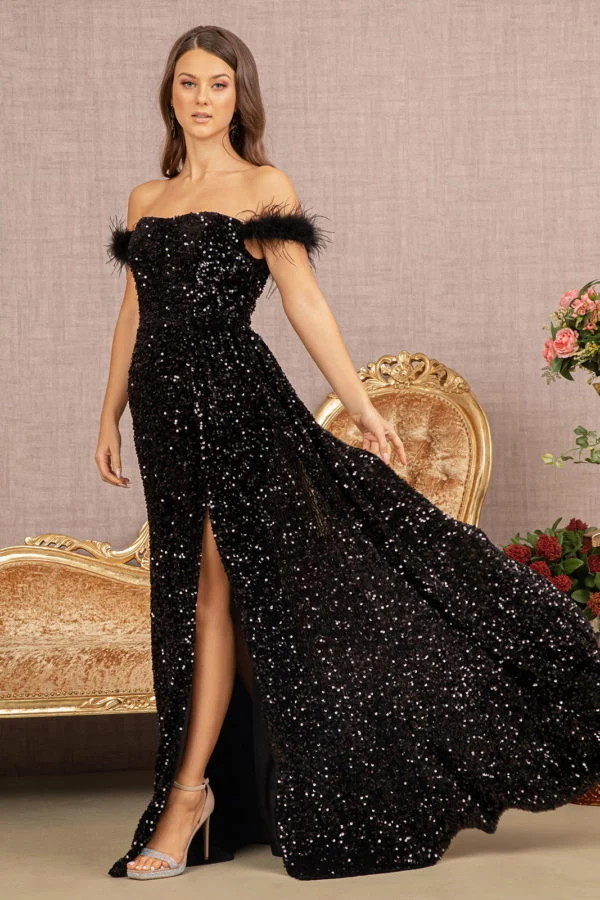 Off the Shoulder Feather Sequin Velvet Mermaid Slit Gown Elizabeth K GL3163 - Kvinnor högtidlig klänning - Speciella tillfällen/kurvor