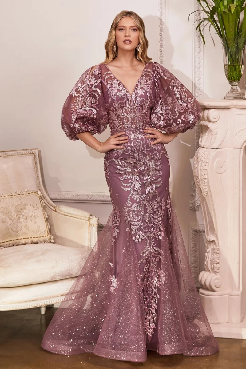 Långärmad klänning med glittersjöjungfrutryck från Cinderella Divine OC009- Speciella tillfällen/kurvor