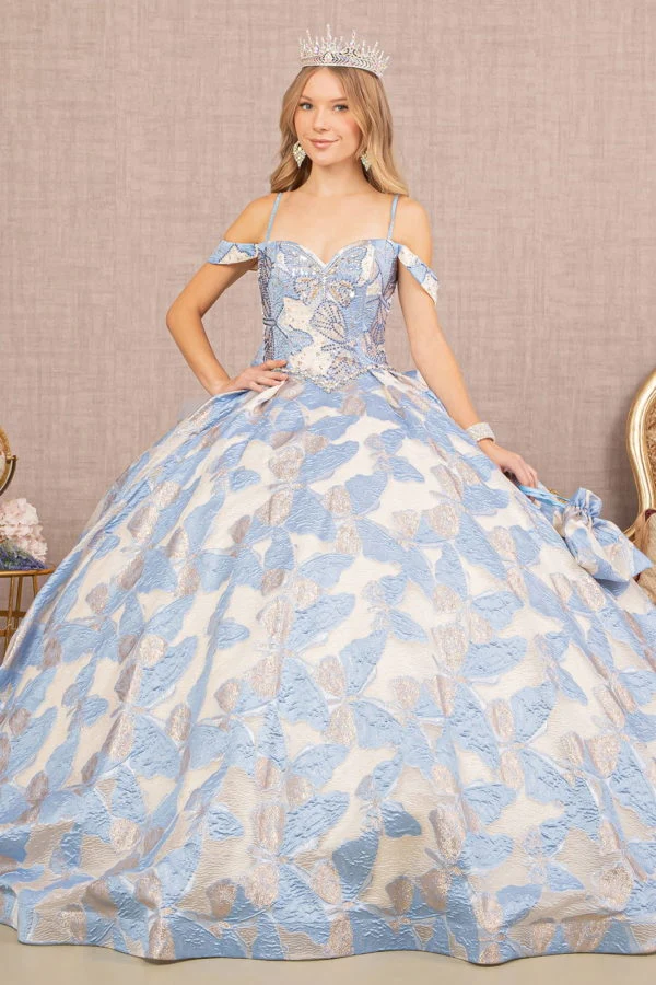 Off the Shoulder Glitter Ribbon Jewel Quinceanera Gown med lång nätsvans och miniväska från Elizabeth K - GL3174