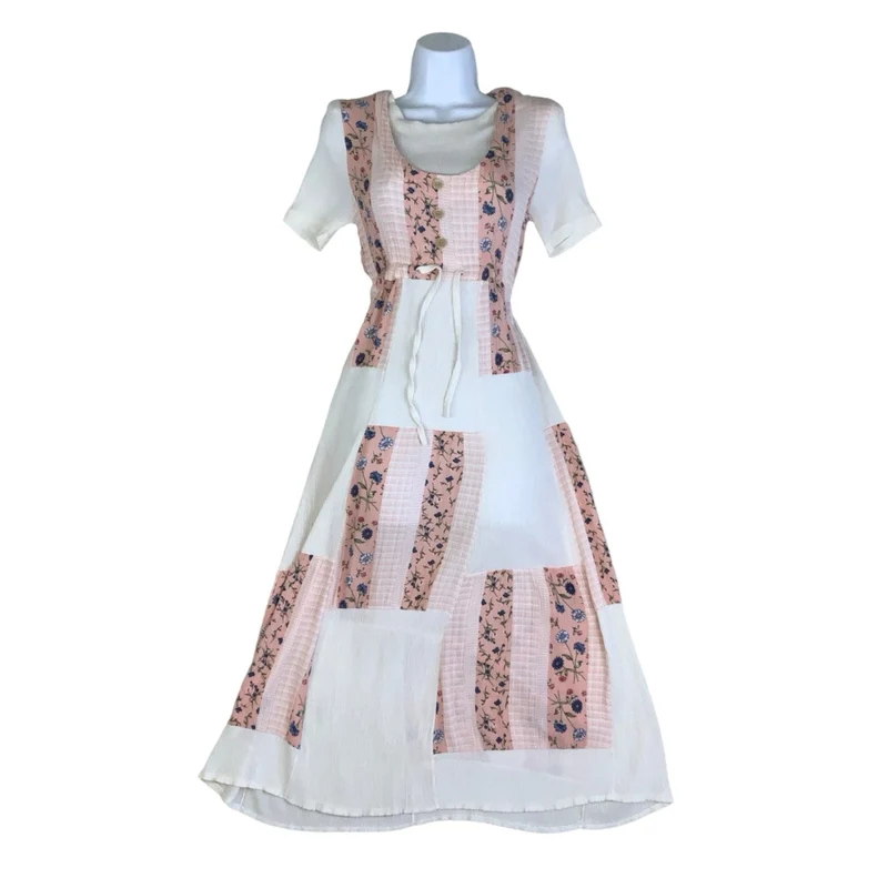 Vintage 90s Y2k Rose Pink White Floral Patchwork Cottagecore Maxi Dress UK 6 8 XS