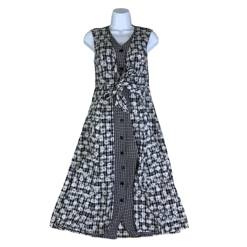 Vintage 90s Black White Floral Check Gingham Sleeveless Maxi Dress 8 10