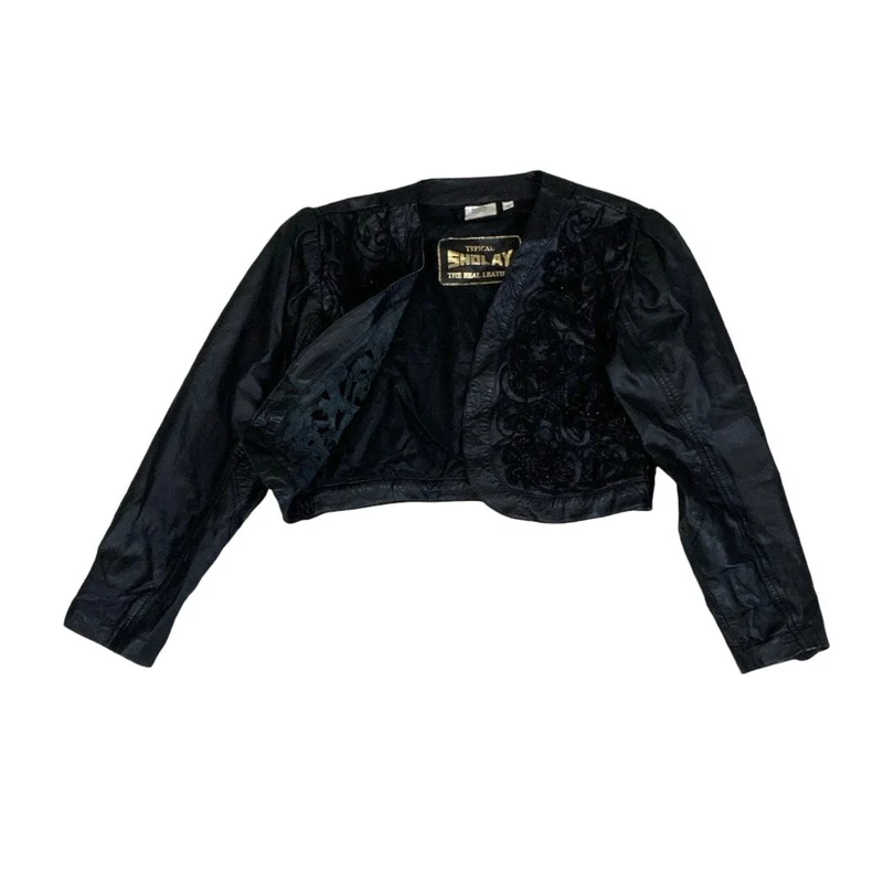 Vintage 90s Y2k ‘Typical Sholay’ Black Beaded Crop Cut-Out Floral Leather Jacket 10 12