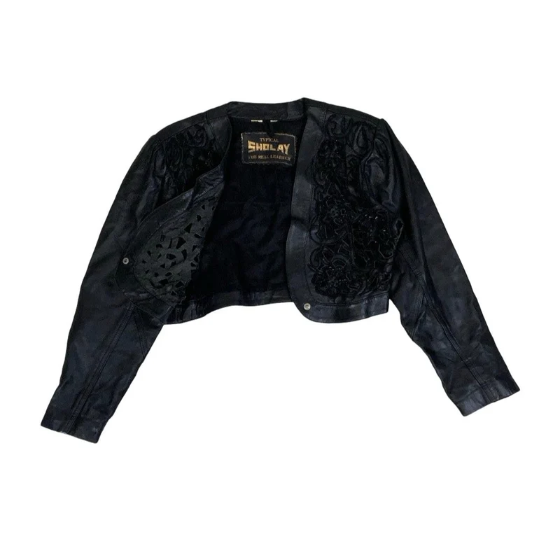 Vintage 90s Y2k ‘Typical Sholay’ Black Beaded Crop Cut-Out Floral Leather Jacket 12 14