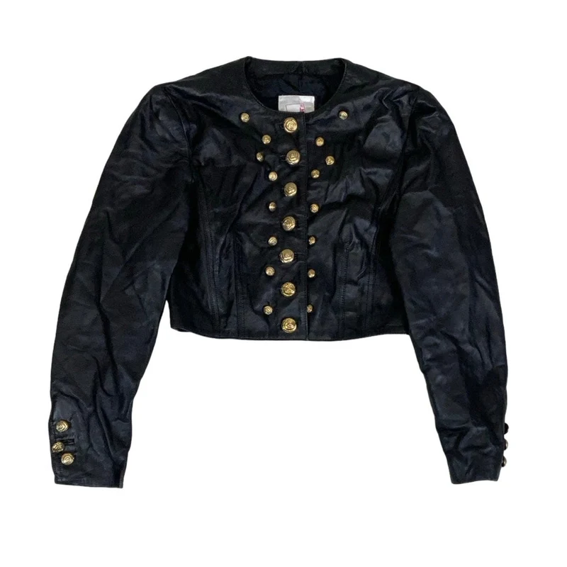 Vintage 80s 90s ‘Mondi’ Black Gold Beaded Crop Leather Jacket 10 12