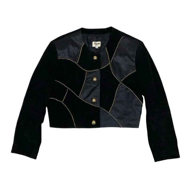 Vintage 80s ‘Kippie Company’ Black Patchwork Beaded Statement Crop Suede Leather Jacket 14 16