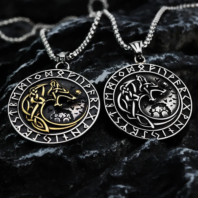 Herrhalsband med punkrunor och Fenrir-motiv