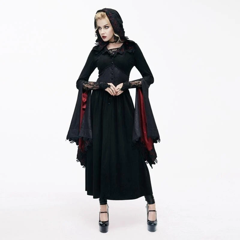 Goth ankelklänning för kvinnor med huva och ängelärmar