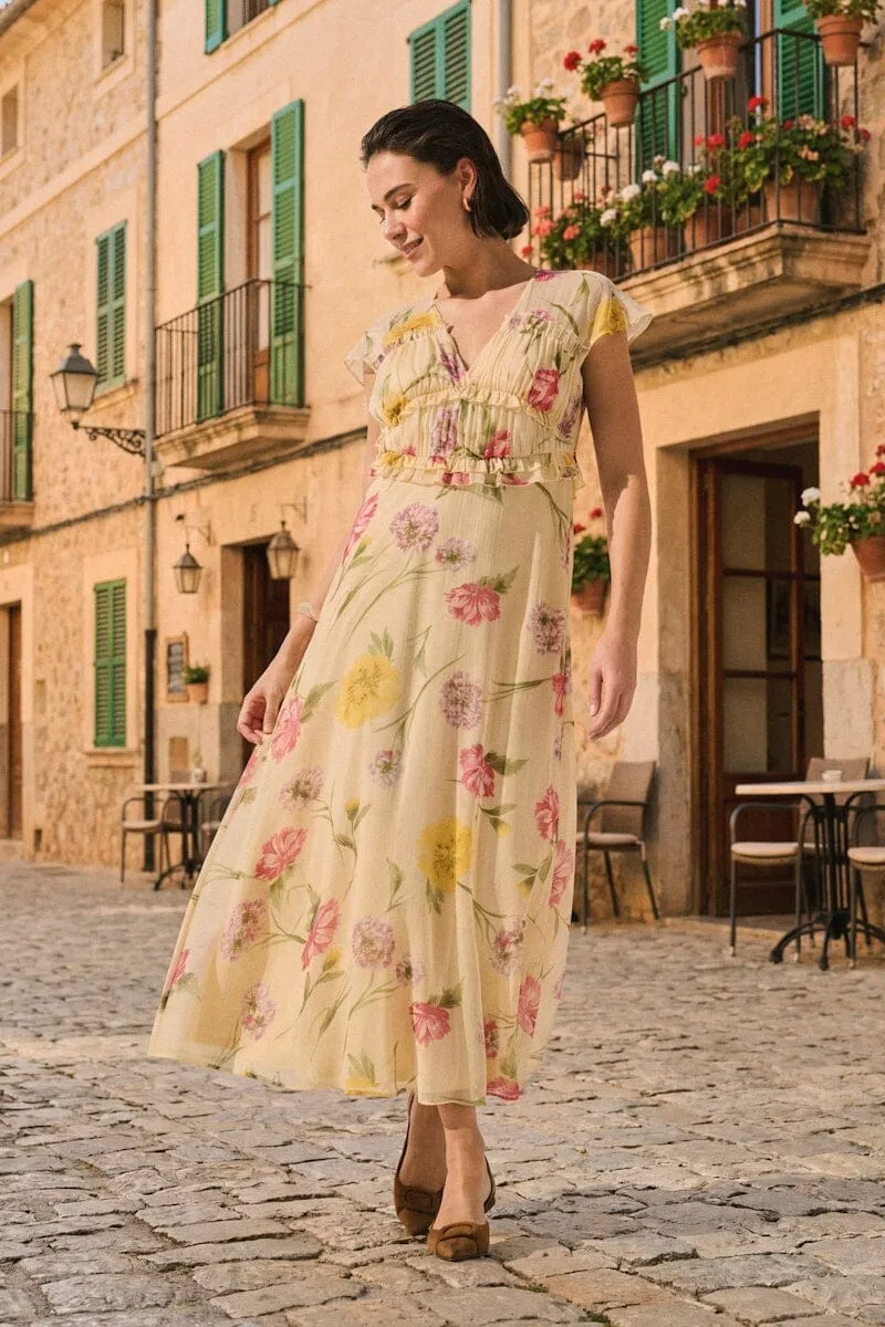 Only - Onlvalda S/S Long Frill Dress - 5092538 Sandshell Big Multi Flower