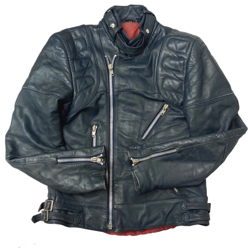 Vintage 80s Blue Biker Low Collar Genuine Leather Biker S
