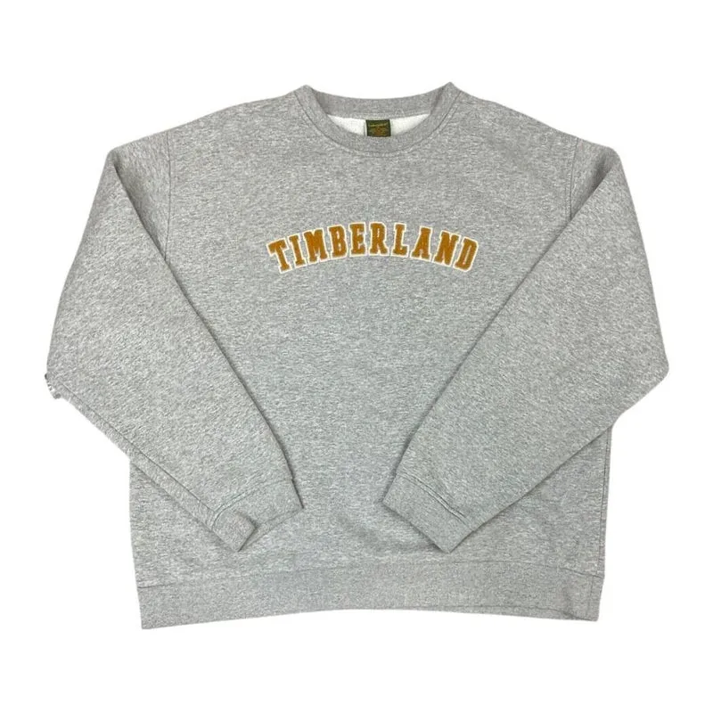 Vintage 90s 00s Grey Timberland Spell Out Letterman Varsity Crew Neck Jumper XL