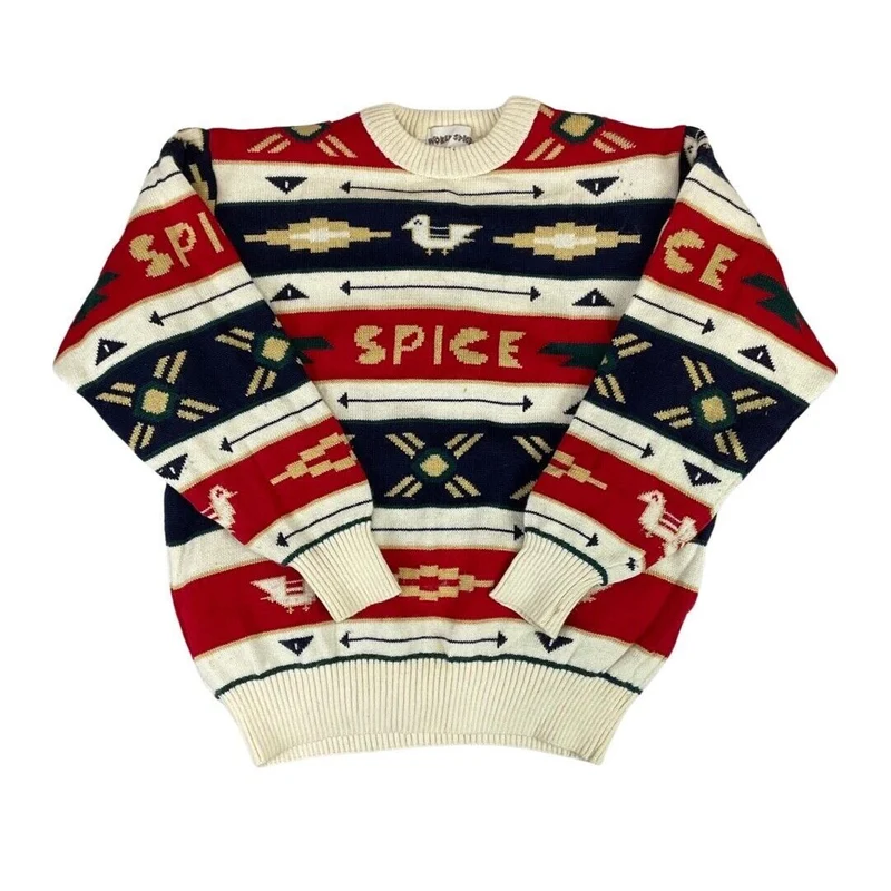 Vintage 90s 00s Red Blue Geometric Pattern World Spice Knitted Padded Jumper S
