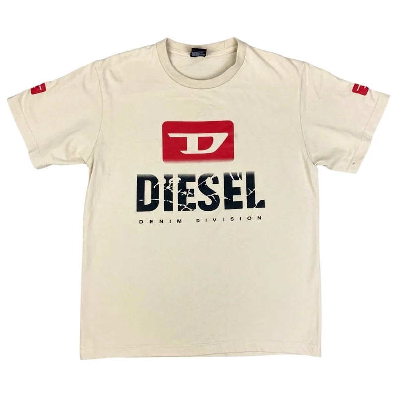 Vintage Y2K Beige Red Diesel Print Graphic Logo T-shirt S