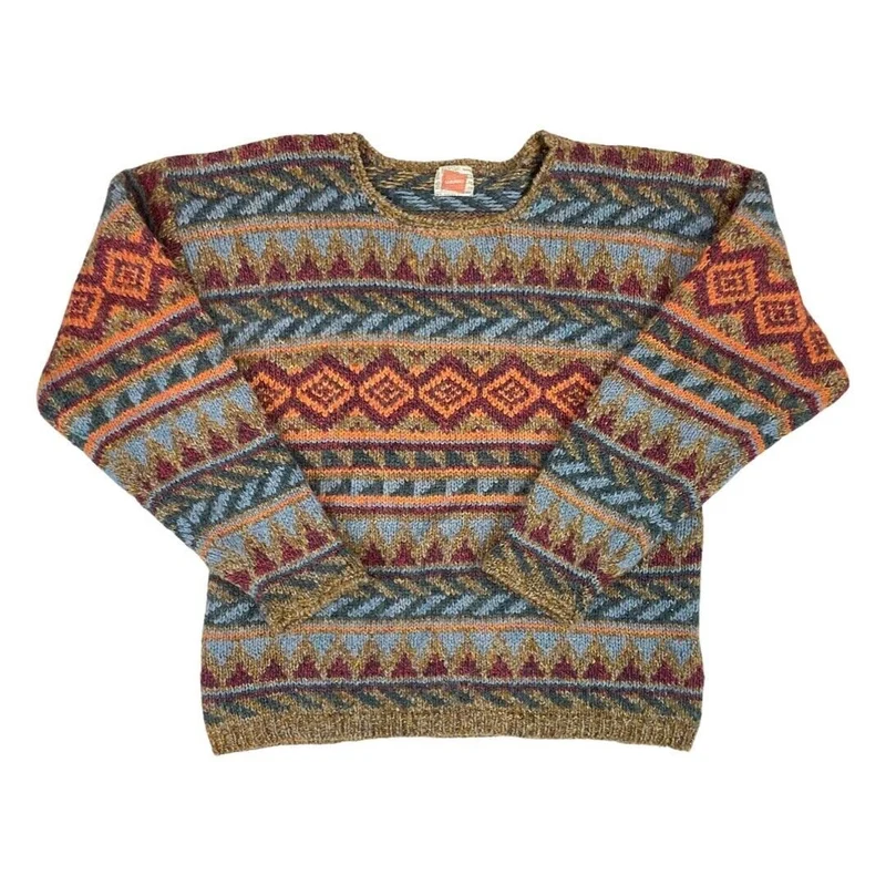 Vintage 90s Orange Blue Geometric Aztec Patterned Knitted Jumper S M