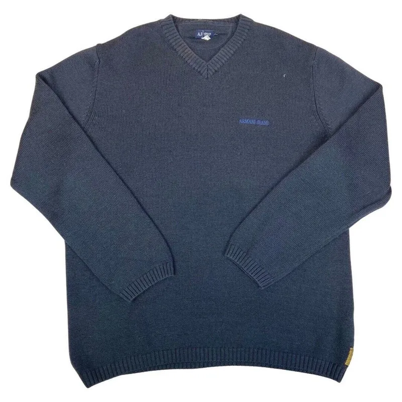 Vintage 90s 00s Navy Blue Embroidered Armani Jeans Knit Sweater L