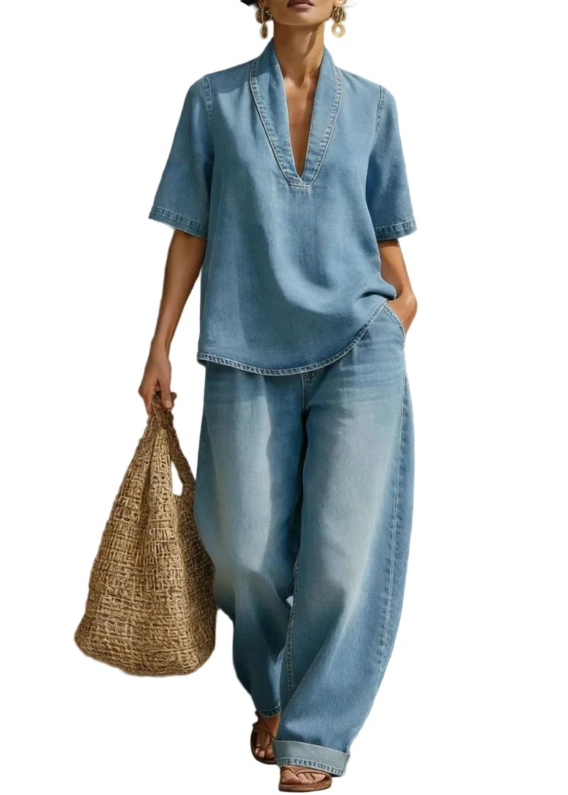 Kvinnors Tvådelad Set med V-hals och Jeans
