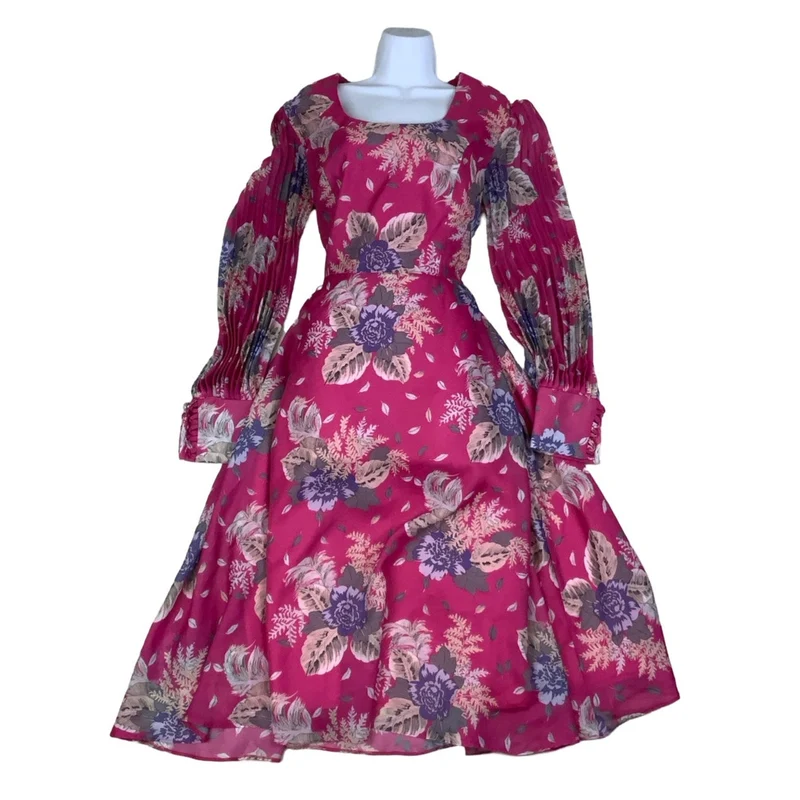Vintage 70s 80s ‘Trevira’ Pink White Purple Floral Aline Layered Swing Dress 14
