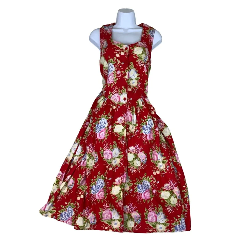 Vintage 80s 90s 'Citilites' Red Floral Aline Pockets Sleeveless Midi Dress 14 16