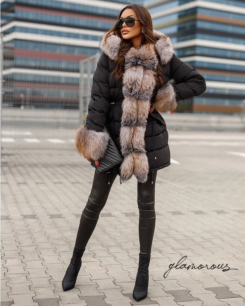 Fox Fur Trim Long Down Jacket in black