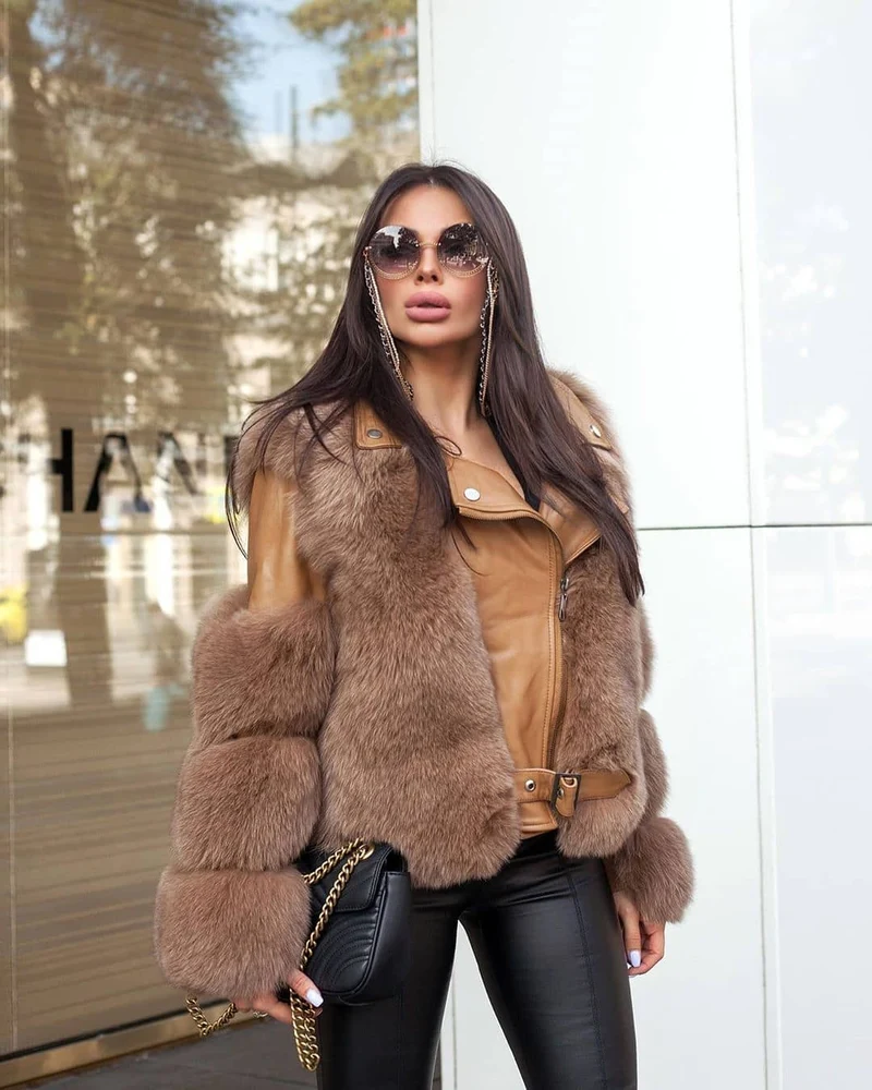Fox Fur Genuine Leather Jacket in camel