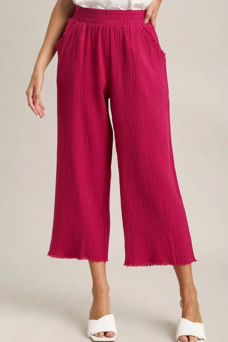 Umgee Full Size Rå Fåll Resår Midja Vida Byxor Plus Size