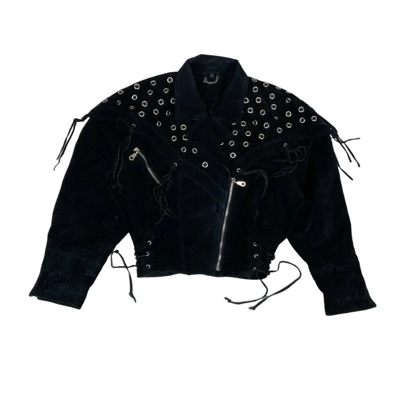 Vintage 90s ‘Yessica’ Black Suede Punk Tassel Studded Leather Jacket 12 14