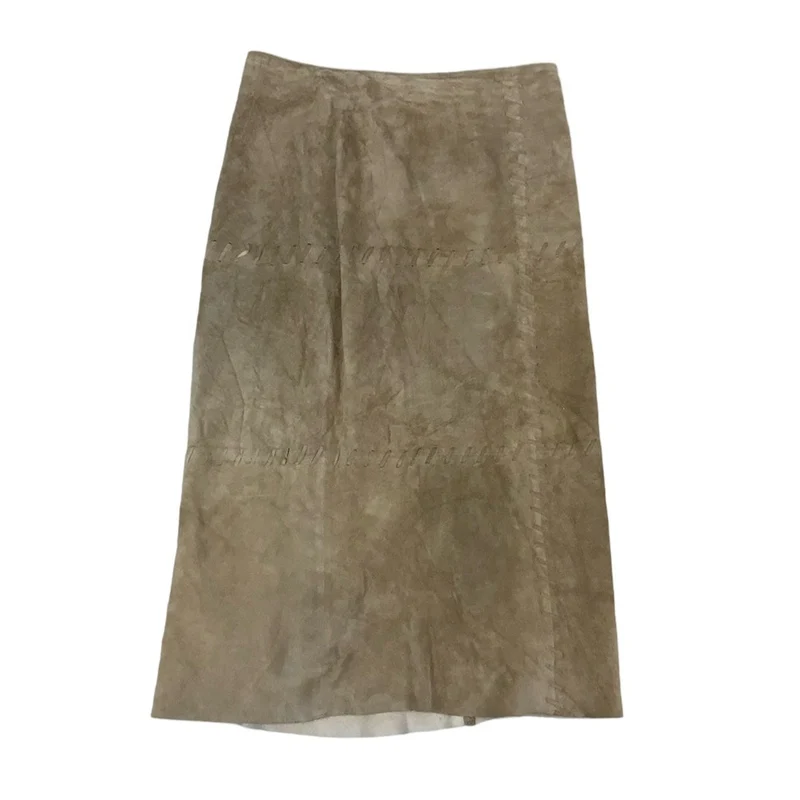 Vintage 90s ‘Miss Etam’ Beige Embroidered Suede Midi Skirt 10