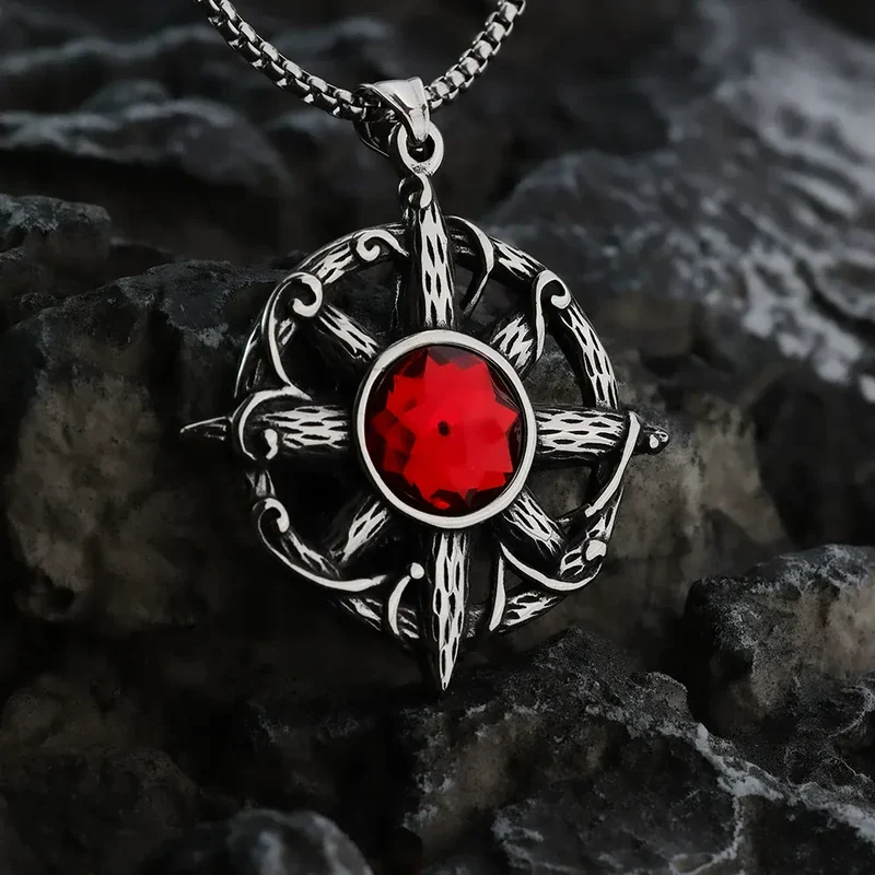 Herrhalsband med punkigt retromotiv och röda ädelstenar