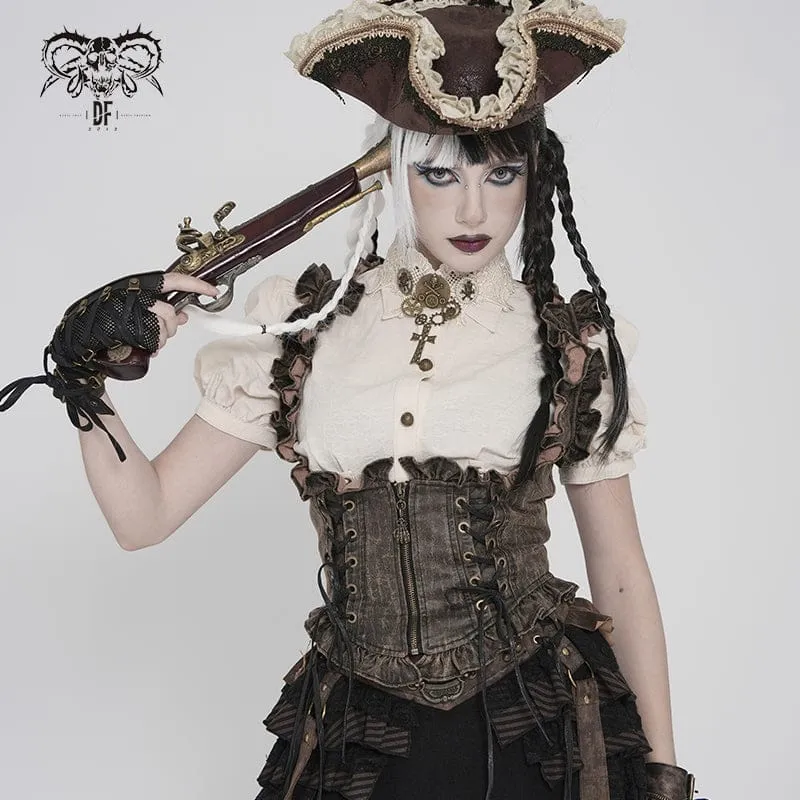 Dam Steampunk-väst med snörning och dragkedja i brons