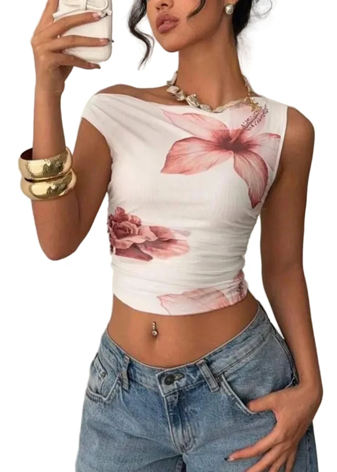 Kvinnors Korta Toppar Blommiga Med Slash Neck