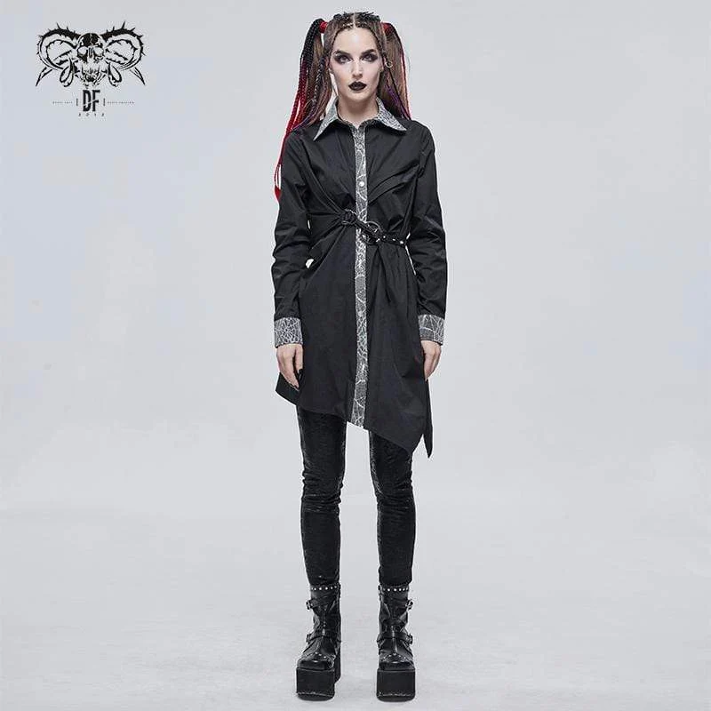 Gothic Mesh Splice Irregular Ruched Skjorta för kvinnor Svart